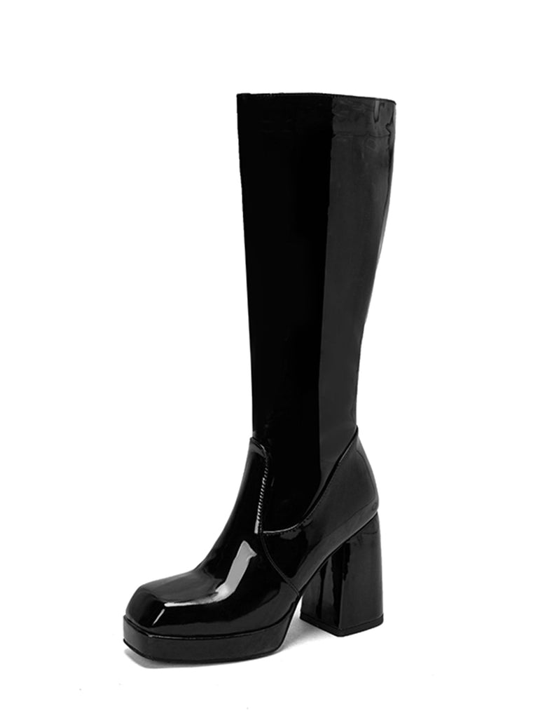 Bottes à talons hauts solides en cuir verni à bout rond
