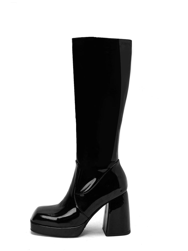 Bottes à talons hauts solides en cuir verni à bout rond
