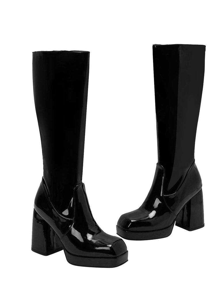 Bottes à talons hauts solides en cuir verni à bout rond