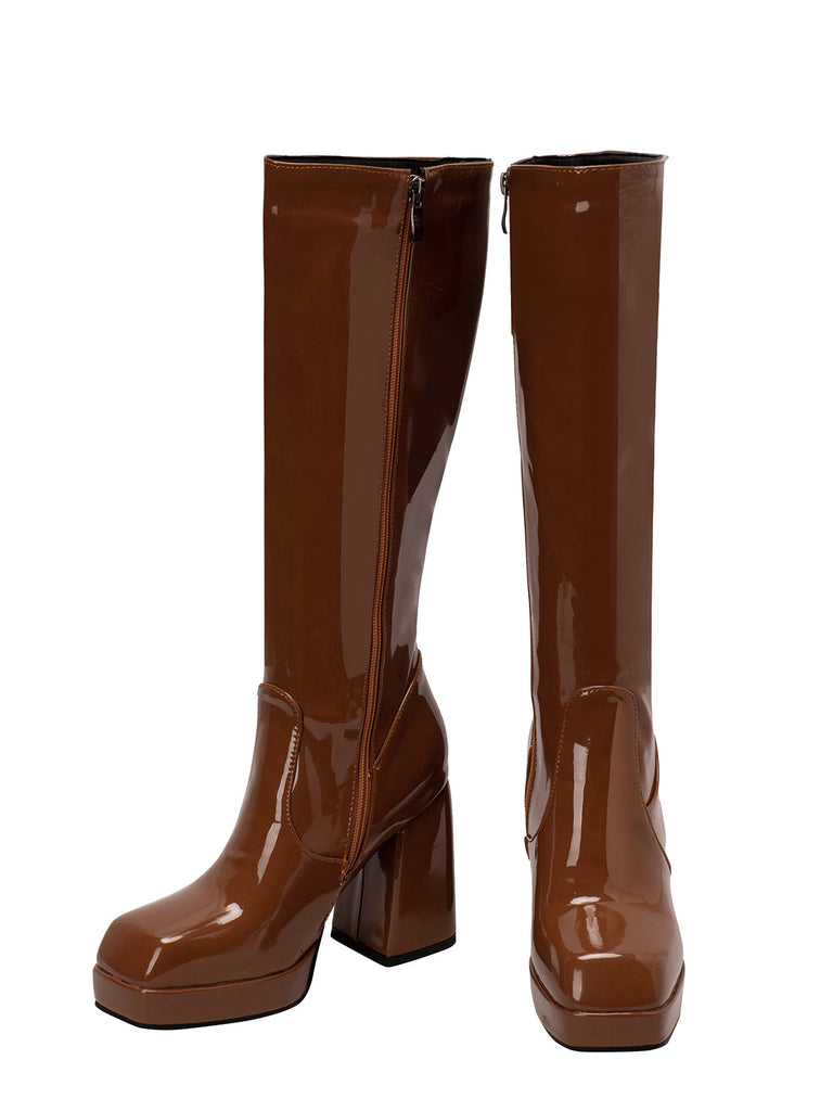 Bottes à talons hauts solides en cuir verni à bout rond