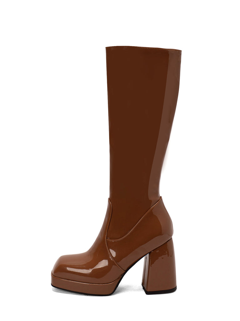 Bottes à talons hauts solides en cuir verni à bout rond