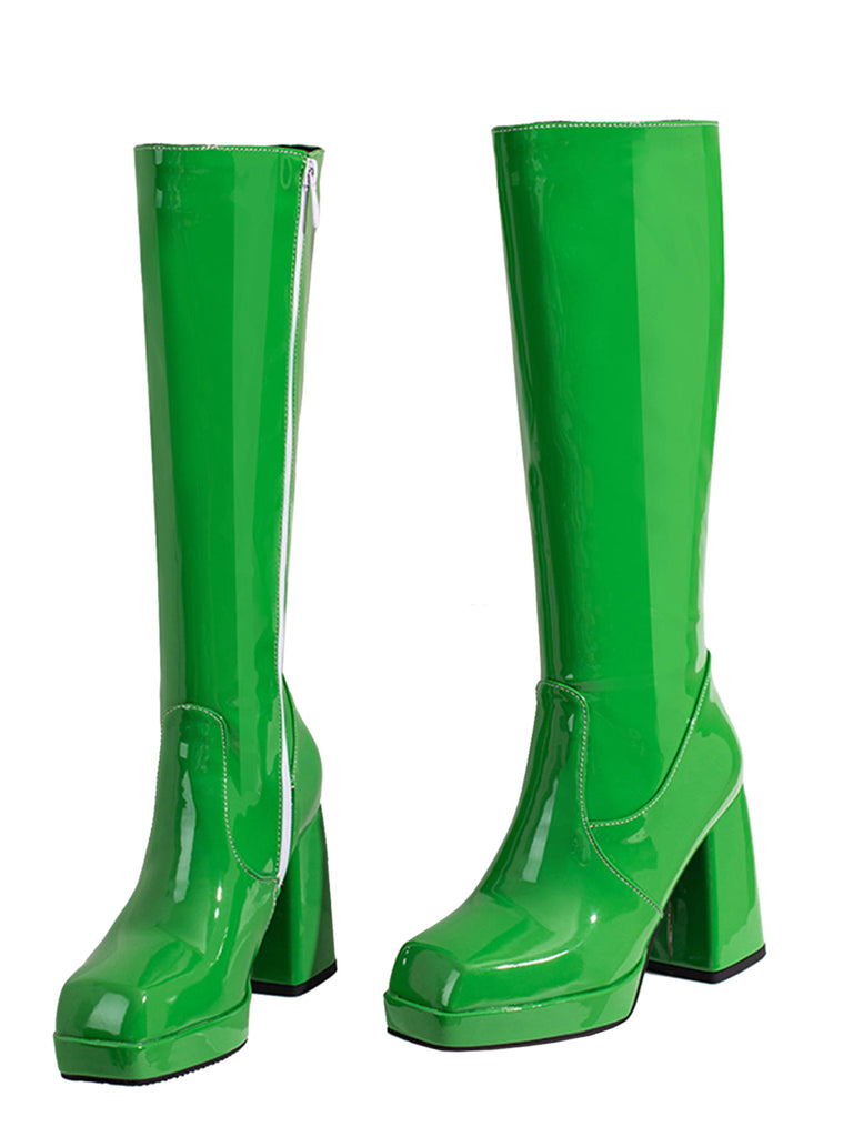 Bottes à talons hauts solides en cuir verni à bout rond