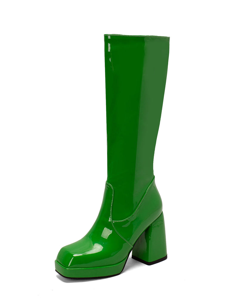 Bottes à talons hauts solides en cuir verni à bout rond