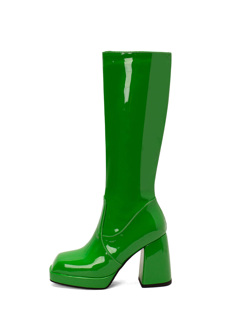 Bottes à talons hauts solides en cuir verni à bout rond