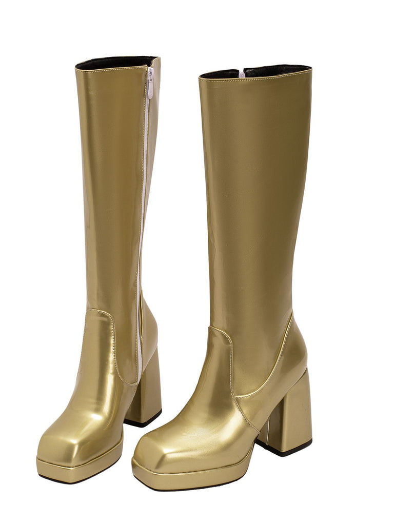 Bottes à talons hauts solides en cuir verni à bout rond