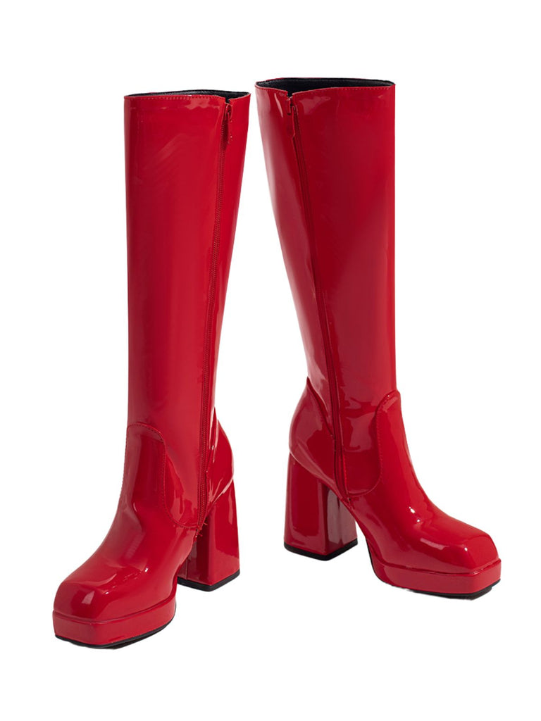 Bottes à talons hauts solides en cuir verni à bout rond