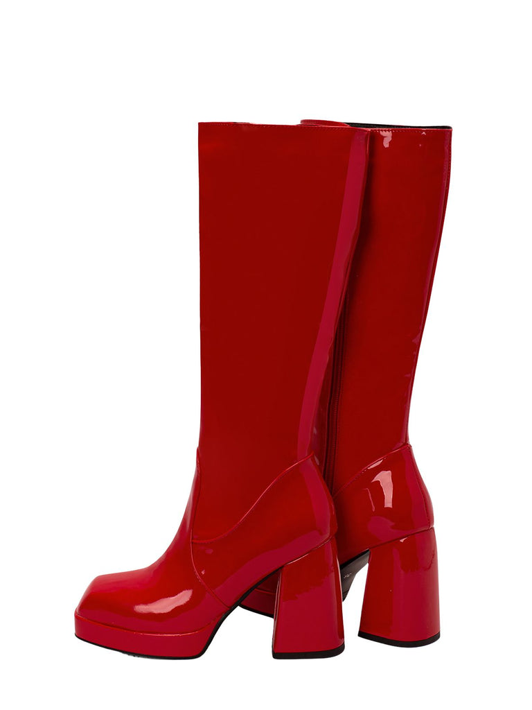 Bottes à talons hauts solides en cuir verni à bout rond