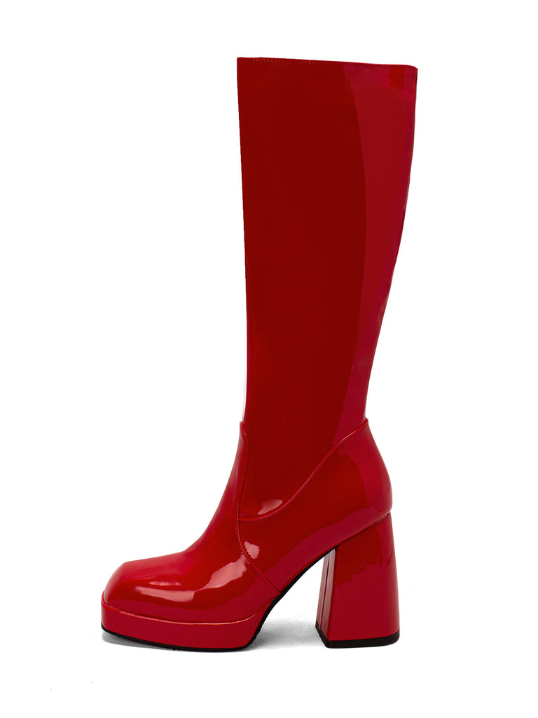 Bottes à talons hauts solides en cuir verni à bout rond