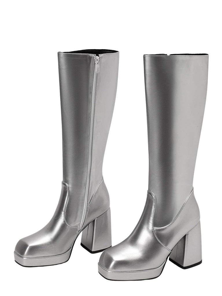 Bottes à talons hauts solides en cuir verni à bout rond