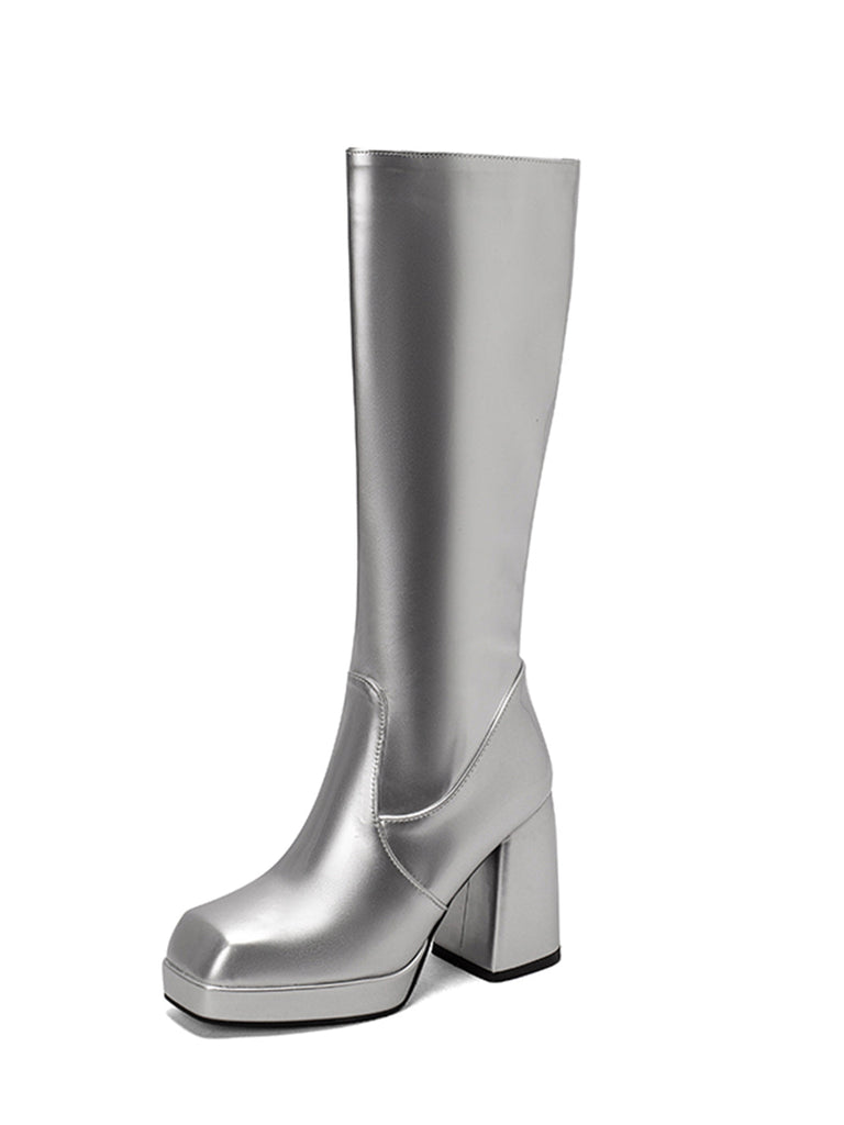 Bottes à talons hauts solides en cuir verni à bout rond