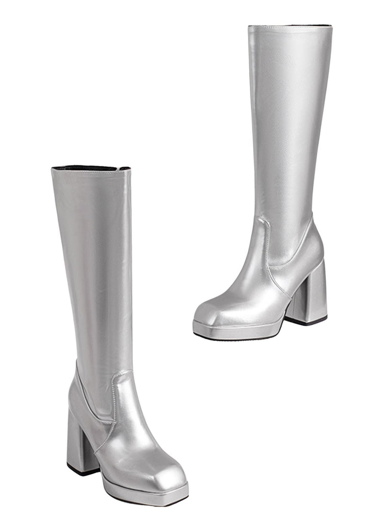 Bottes à talons hauts solides en cuir verni à bout rond