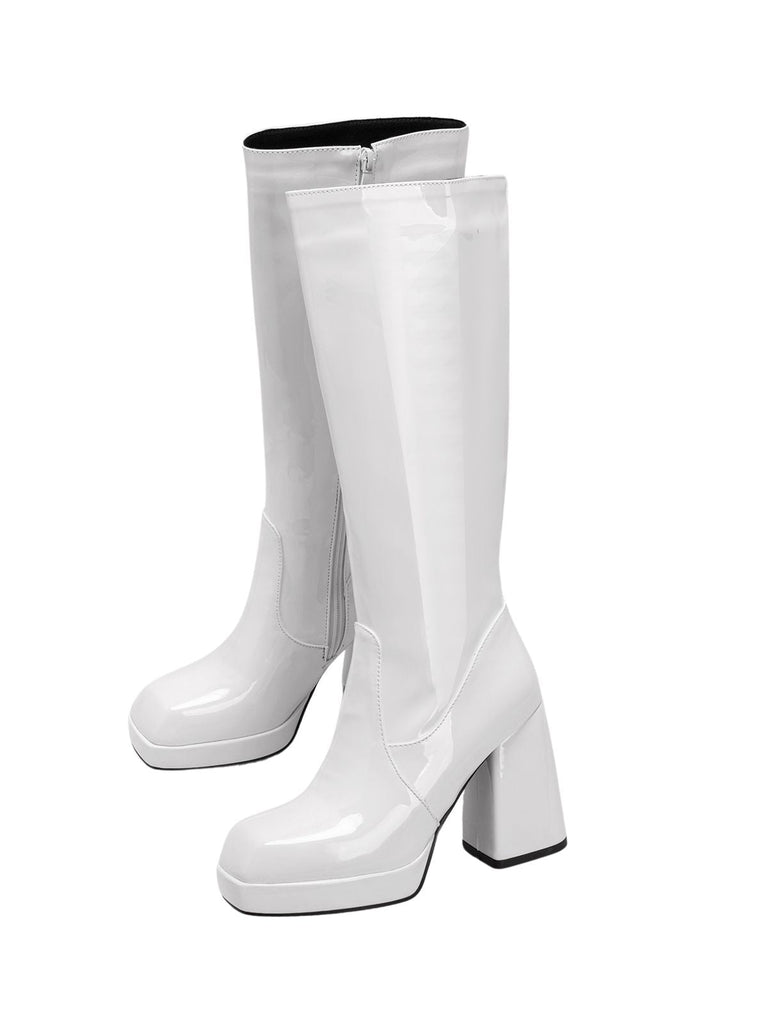 Bottes à talons hauts solides en cuir verni à bout rond
