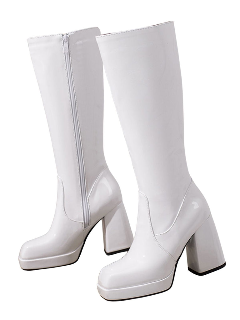 Bottes à talons hauts solides en cuir verni à bout rond