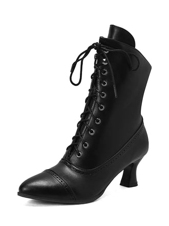 Bottines Victoriennes Noires à Bout Pointu Lacets et Petit Talon
