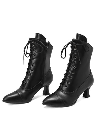 Bottines Victoriennes Noires à Bout Pointu Lacets et Petit Talon