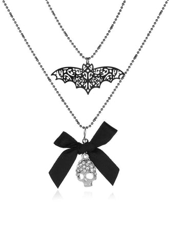 Collier double couche squelette de chauve-souris avec nœud gothique