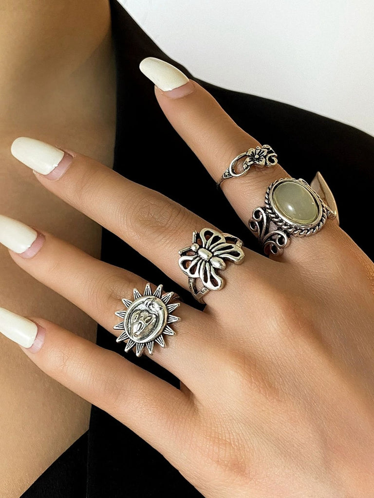 Ensemble de bagues florales papillon hippie vintage en argent