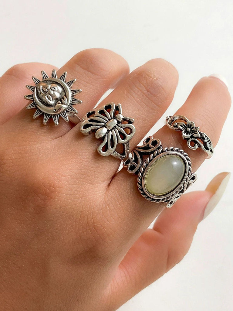 Ensemble de bagues florales papillon hippie vintage en argent