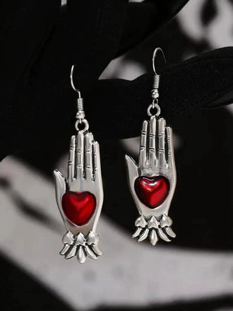 Boucles d'oreilles vintage gothiques en forme de cœur rouge et argenté