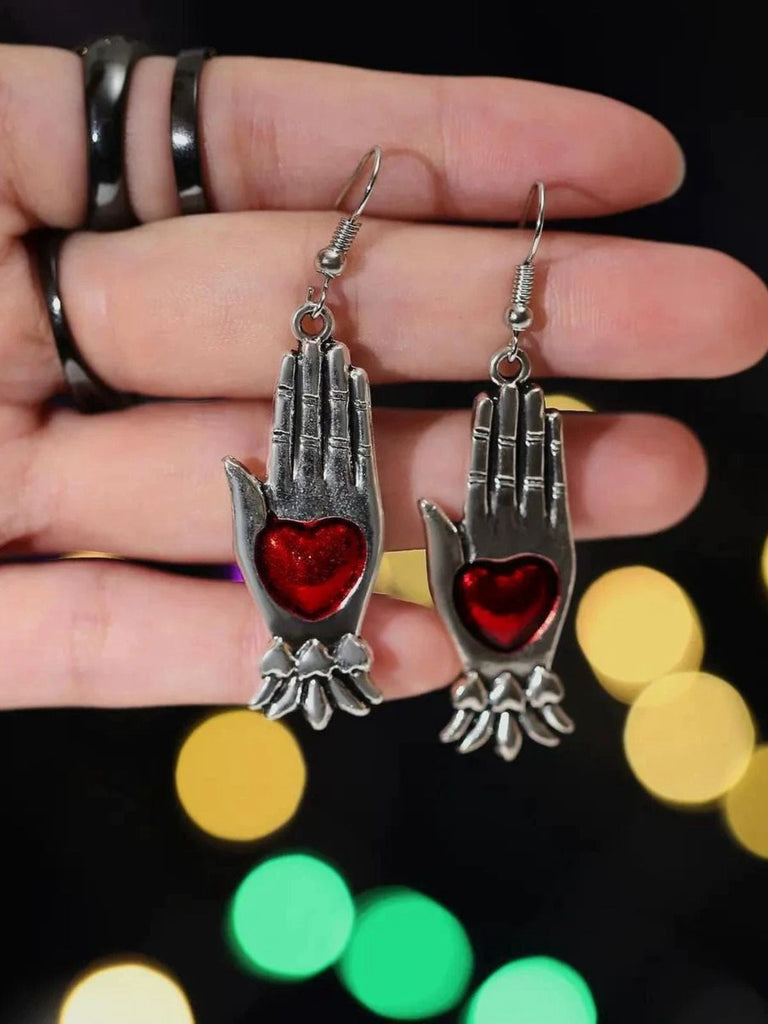Boucles d'oreilles vintage gothiques en forme de cœur rouge et argenté