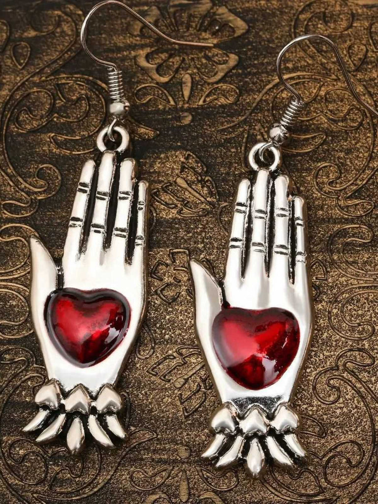 Boucles d'oreilles vintage gothiques en forme de cœur rouge et argenté