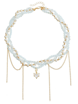 Collier de perles avec pendentif en forme de cœur blanc et strass