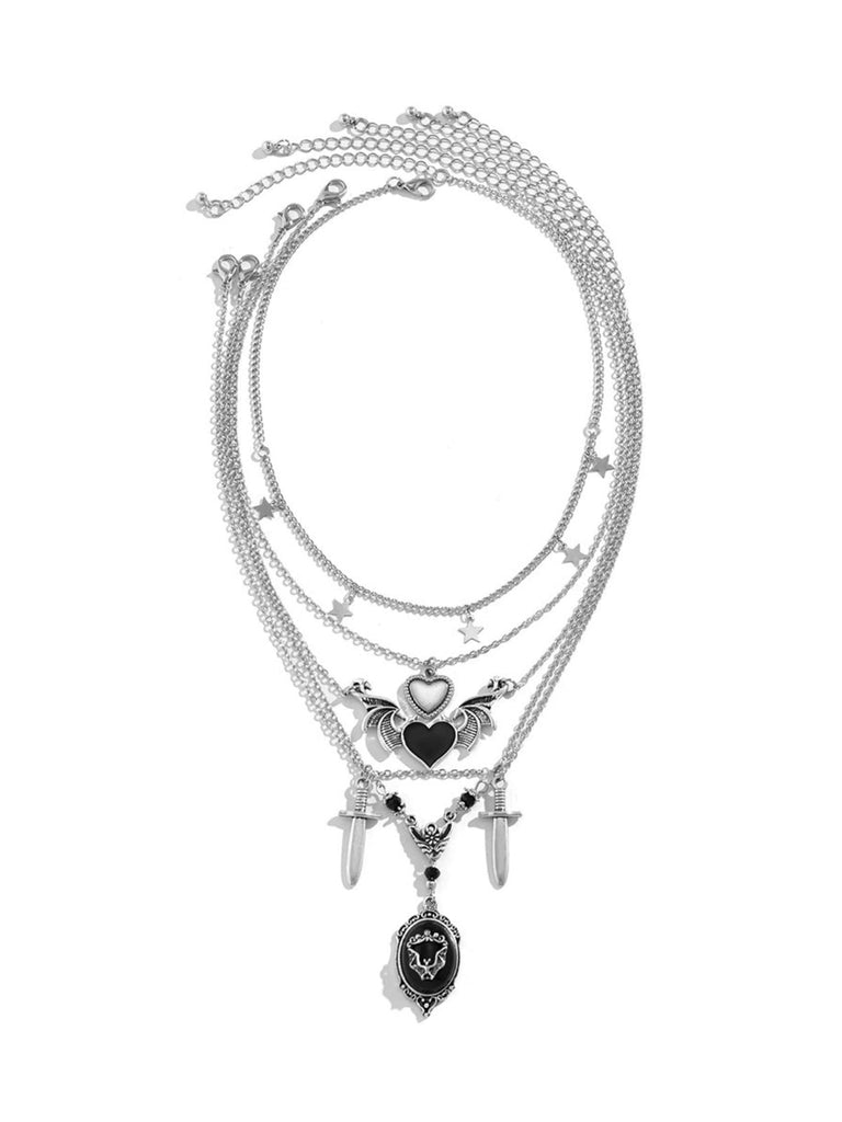 Collier gothique noir à plusieurs niveaux avec cœur ailes étoile et épée