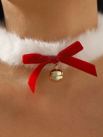 Collier ras-du-cou en peluche avec nœud papillon et clochette de Noël