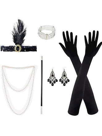 Ensemble bandeau à plumes et collier de perles style Gatsby années 1920