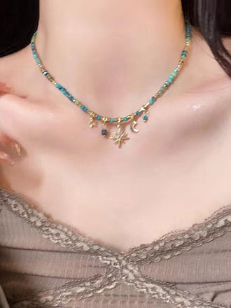 Collier Bohème Étoile Lune Soleil en Perles Turquoise