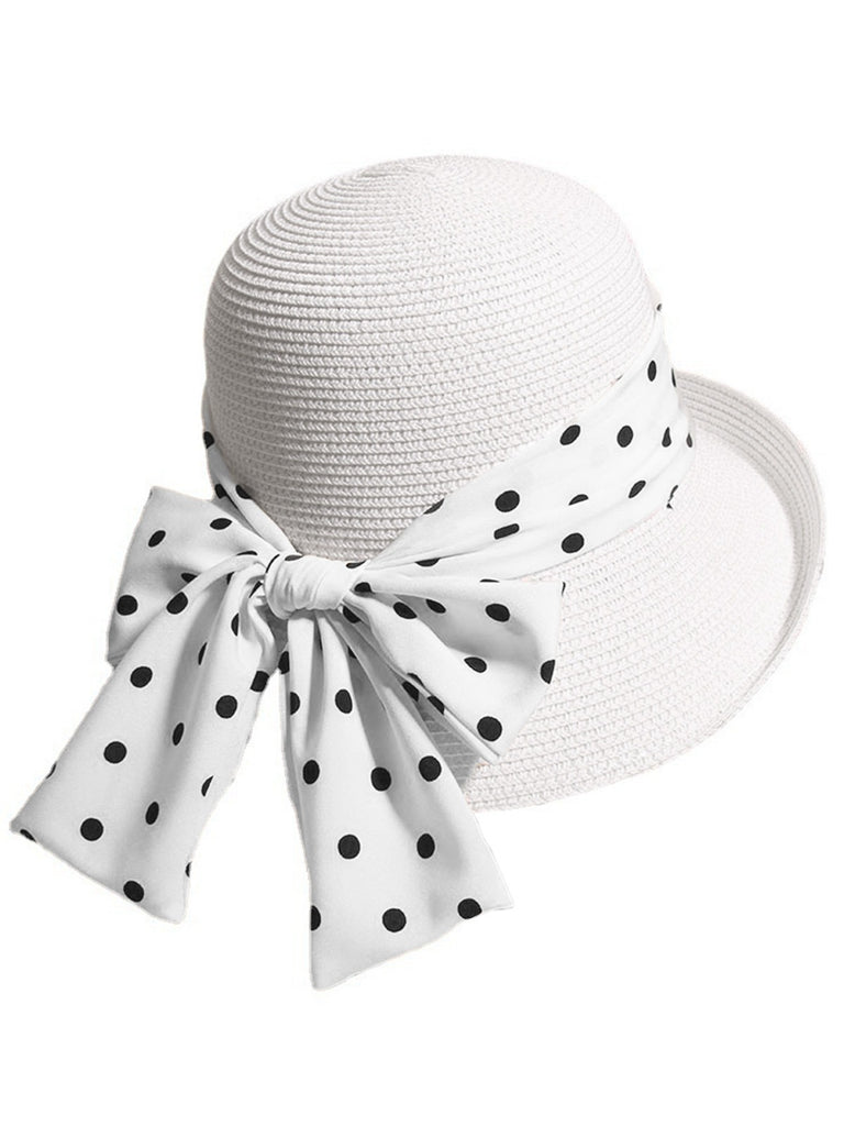 Chapeau de paille à nœud papillon et ruban à pois