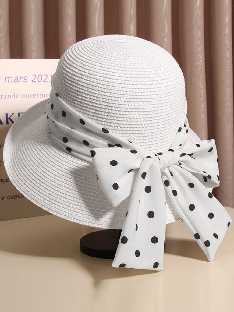 Chapeau de paille à nœud papillon et ruban à pois