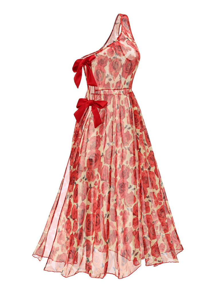 Cache-maillot asymétrique longue roses rouge années 60