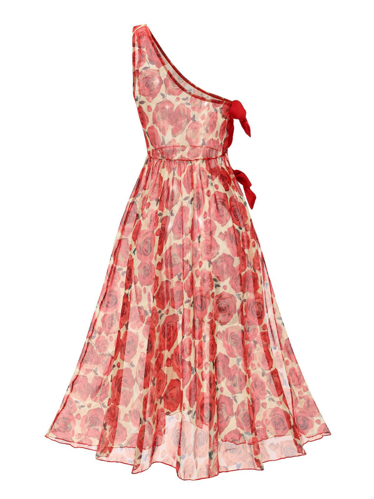 Cache-maillot asymétrique longue roses rouge années 60
