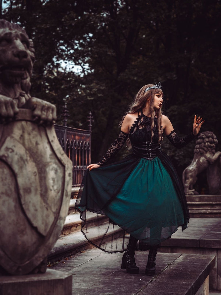 Robe de Vampire Déguisement Gothique Steampunk en Dentelle Vert foncé