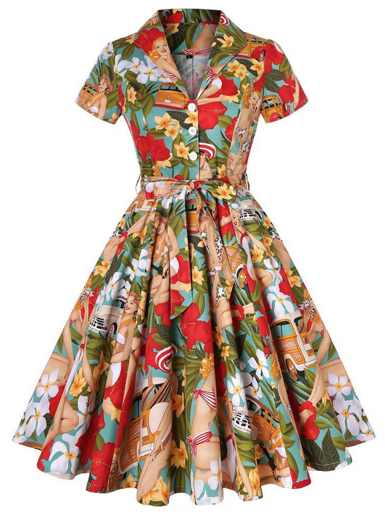 Robe Vintage Années 50 Florale A Bouton Manches Courtes 2