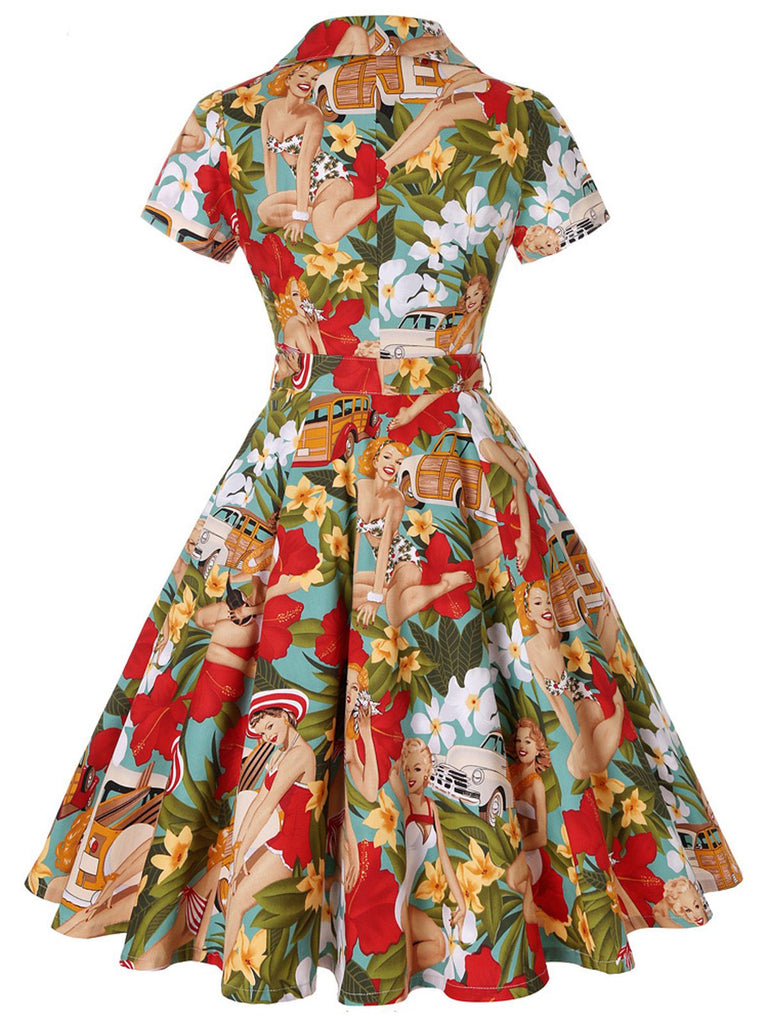 Robe Vintage Années 50 Florale A Bouton Manches Courtes 3