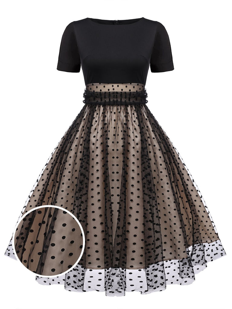 Robe Swing Vintage Année 50 Noire à Pois de Cœur Cocktail Pin Up