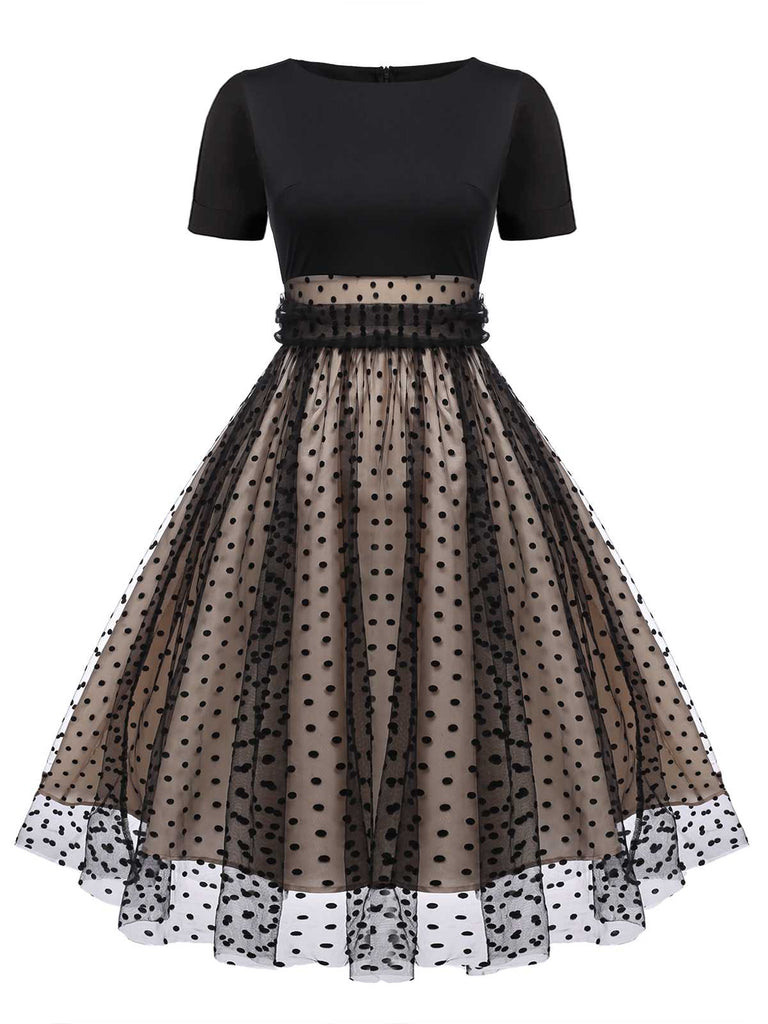 Robe Swing Vintage Année 50 Noire à Pois de Cœur Cocktail Pin Up