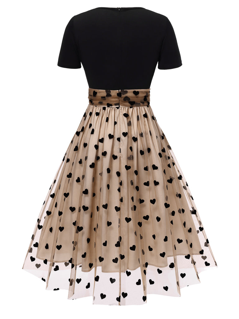 Robe Swing Vintage Année 50 Noire à Pois de Cœur Cocktail Pin Up