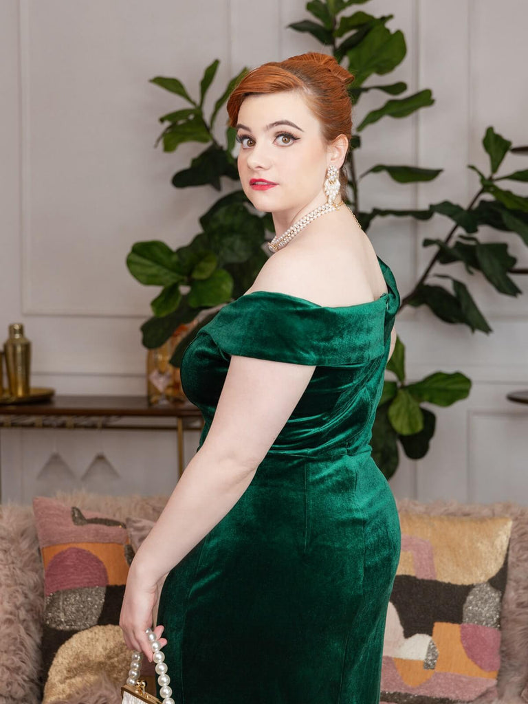 Robe Crayon Vintage Verte Année 60 Solide en Velours