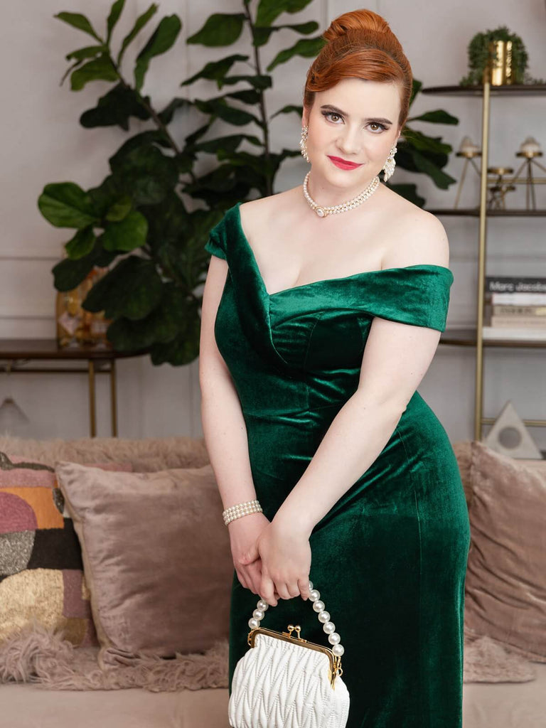 Robe Crayon Vintage Verte Année 60 Solide en Velours