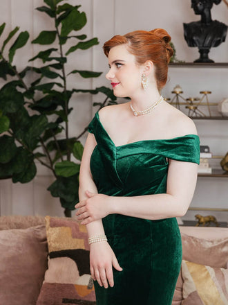 Robe Crayon Vintage Verte Année 60 Solide en Velours