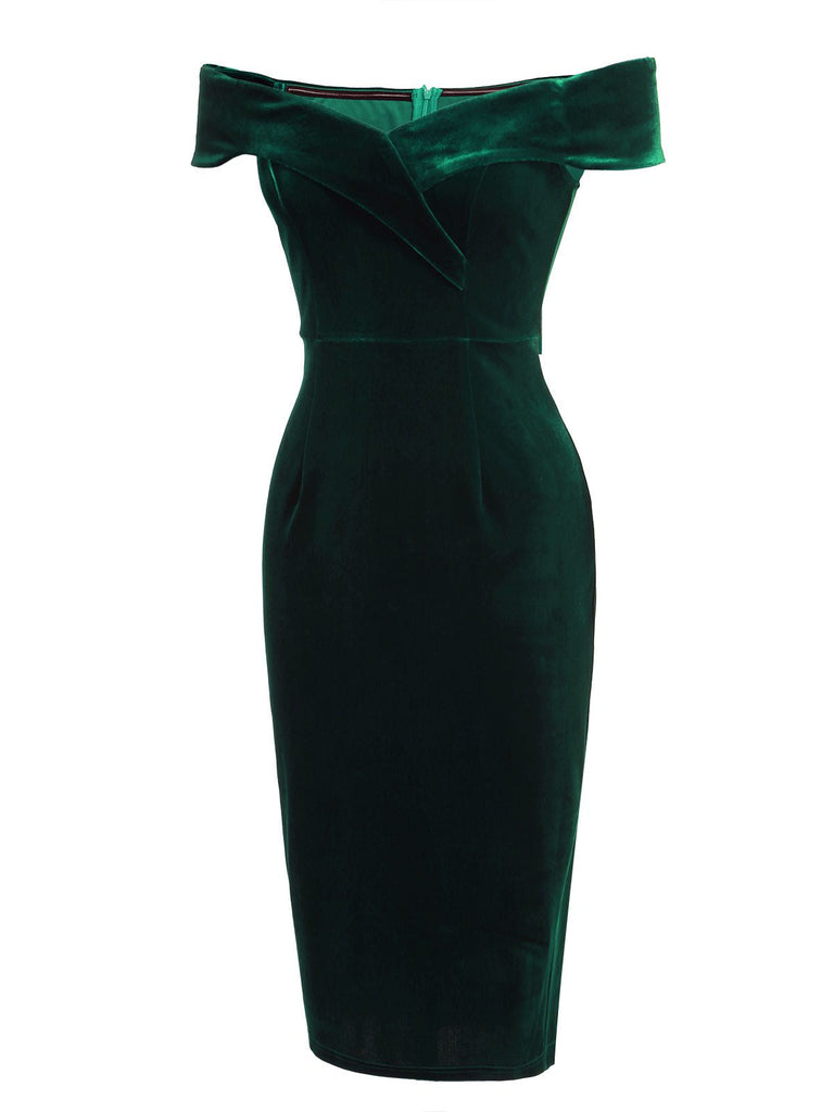 Robe Crayon Vintage Verte Année 60 Solide en Velours 2