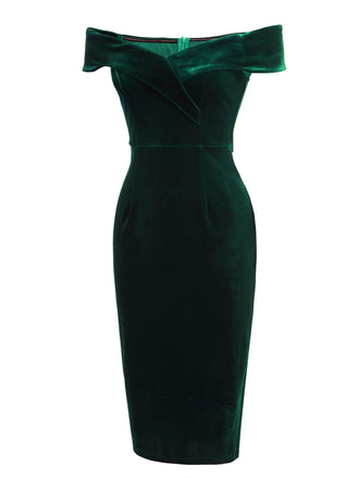 Robe Crayon Vintage Verte Année 60 Solide en Velours 2