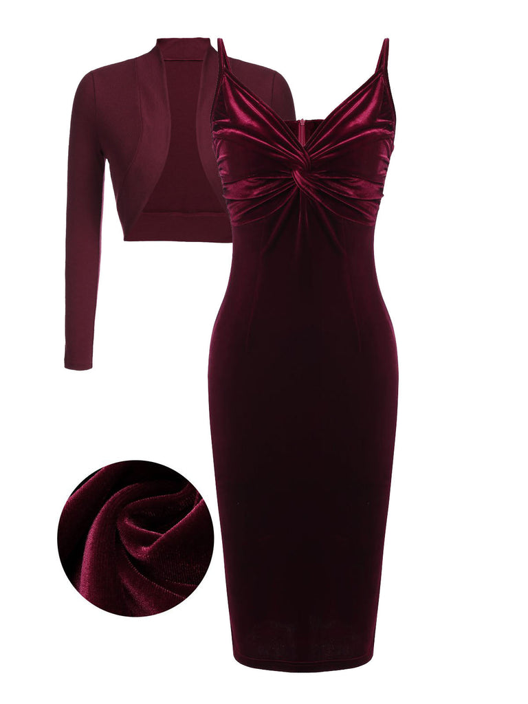 2PCS Robe Crayon Vintage Velours Bordeaux Année 60 Cocktail Pin up 3