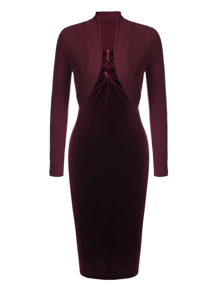 2PCS Robe Crayon Vintage Velours Bordeaux Année 60 Cocktail Pin up 4