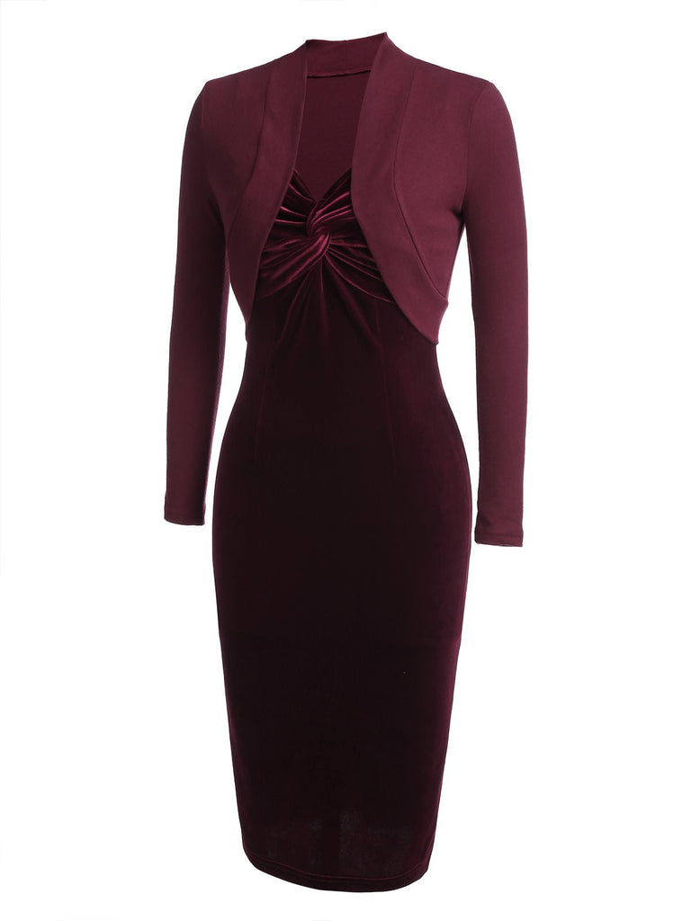 2PCS Robe Crayon Vintage Velours Bordeaux Année 60 Cocktail Pin up 5