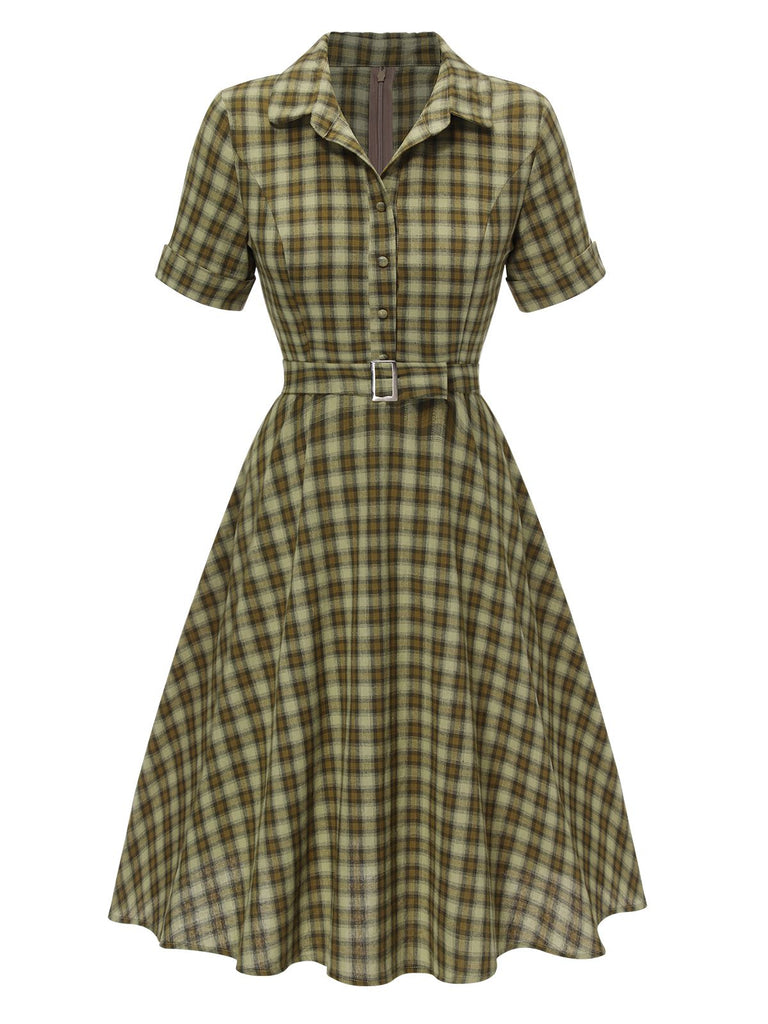 Robe Swing Verte Jaune Année 50 Boutonnée avec Ceinture