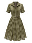 Robe Swing Verte Jaune Année 50 Boutonnée avec Ceinture